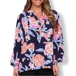 Lilly Pulitzer Alexandra Top Blouse in Bright Navy Pom Pom Floral Print